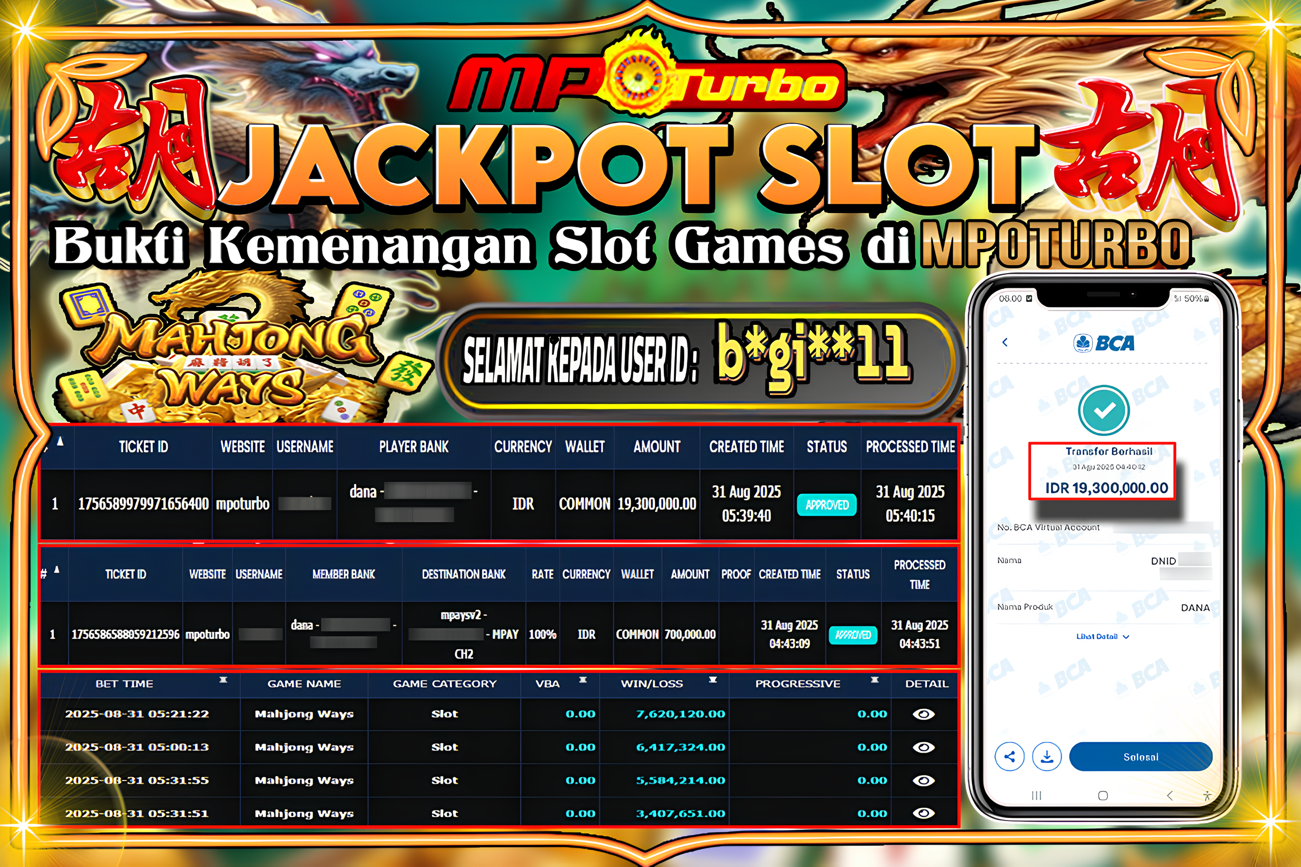 MPOTURBO JACKPOT SLOT MAHJONG WAYS 1 - PG SOFT Rp 19,300,000.00,- LUNAS